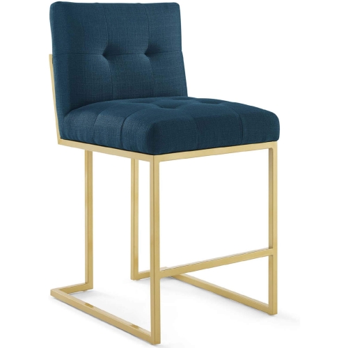 Privy Counter Stool in Tufted Blue Fabric & Gold Stainless