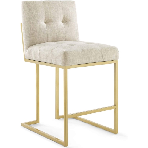 Privy Counter Stool in Tufted Beige Fabric & Gold Stainless