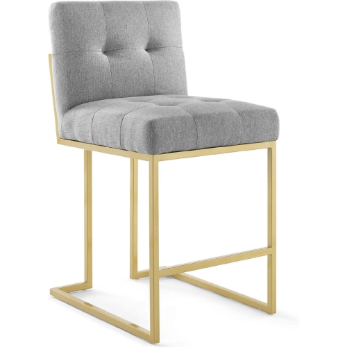 Privy Counter Stool in Tufted Light Gray Fabric & Gold Stainless