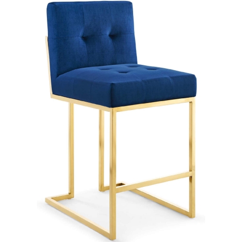 Privy Counter Stool in Tufted Navy Blue Velvet & Gold Stainless