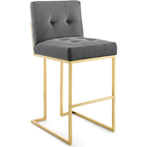 Privy Bar Stool in Tufted Charcoal Gray Velvet & Gold Stainless