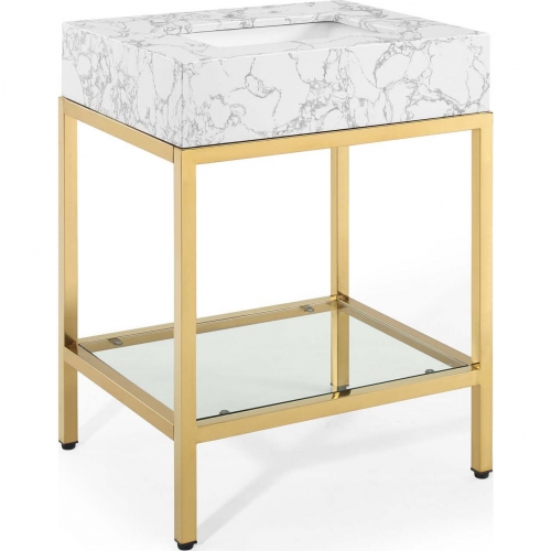 Kingsley 26" Bathroom Vanity in White Faux Marble & Gold Stainless