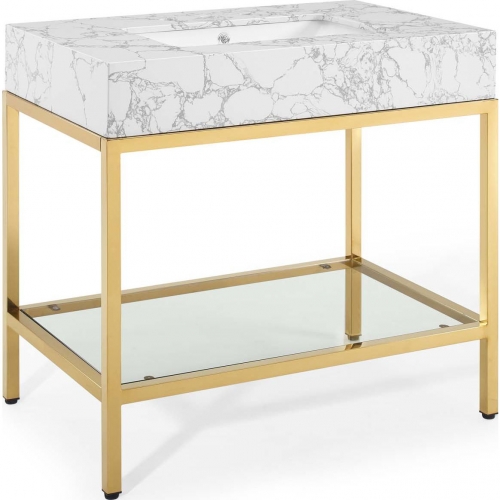 Kingsley 36" Bathroom Vanity in White Faux Marble & Gold Stainless