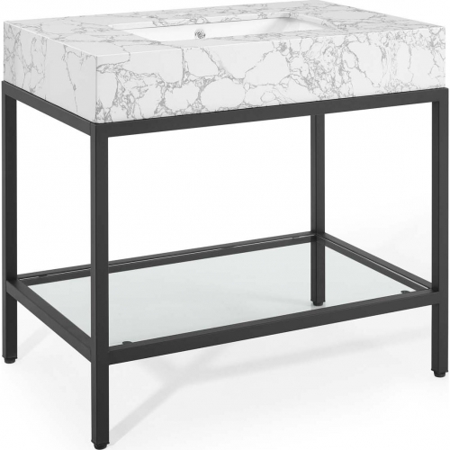 Kingsley 36" Bathroom Vanity in White Faux Marble & Black Stainless