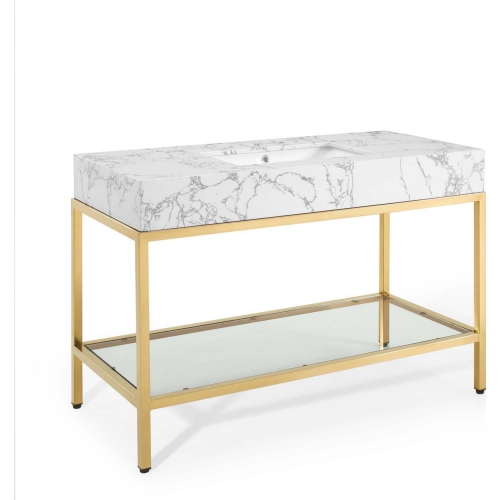 Kingsley 50" Bathroom Vanity in White Faux Marble & Gold Stainless