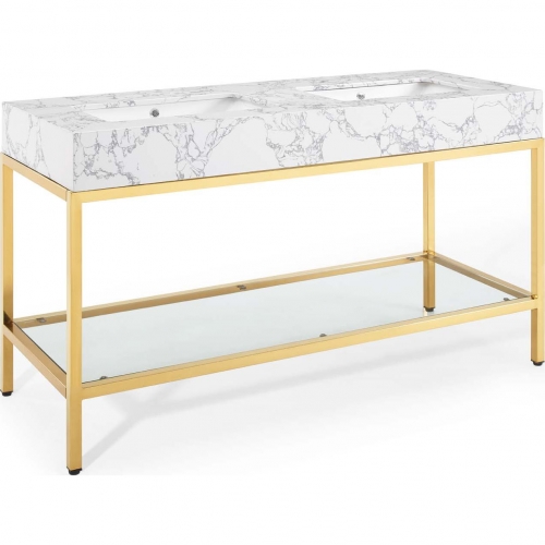 Kingsley 60" Bathroom Vanity in White Faux Marble & Gold Stainless