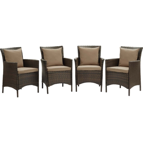 Conduit Outdoor Dining Arm Chair in Mocha Fabric & Brown Rattan (Set of 4)