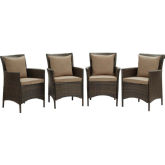 Conduit Outdoor Dining Arm Chair in Mocha Fabric & Brown Rattan (Set of 4)