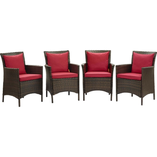 Conduit Outdoor Dining Arm Chair in Red Fabric & Brown Rattan (Set of 4)