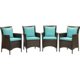 Conduit Outdoor Dining Arm Chair in Turquoise Fabric & Brown Rattan (Set of 4)