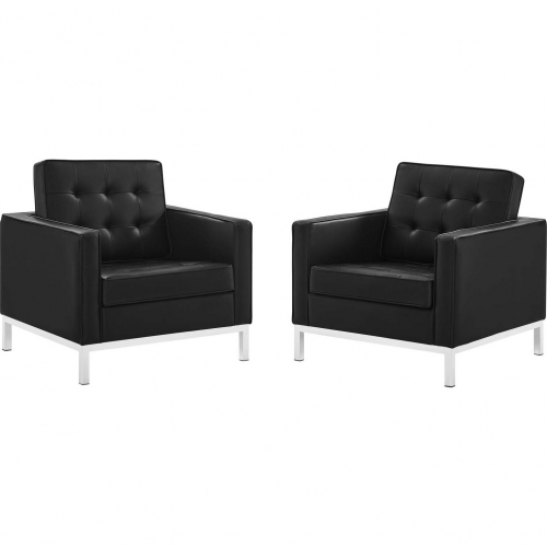 Loft Arm Chair in Tufted Black Leatherette & Stainless (Set of 2)