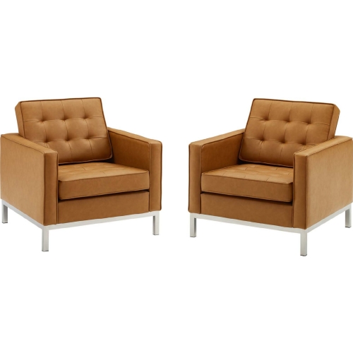 Loft Arm Chair in Tufted Tan Leatherette & Stainless (Set of 2)