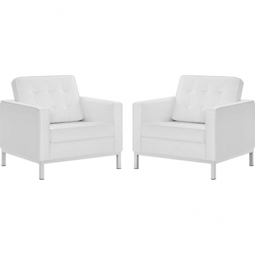 Loft Arm Chair in Tufted White Leatherette & Stainless (Set of 2)