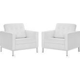 Loft Arm Chair in Tufted White Leatherette & Stainless (Set of 2)