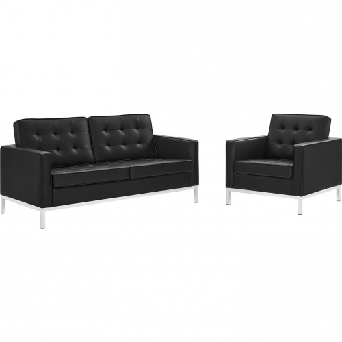 Loft Loveseat & Arm Chair Set in Tufted Black Leatherette & Stainless