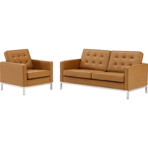 Loft Loveseat & Arm Chair Set in Tufted Tan Leatherette & Stainless