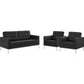 Loft 3 Piece Loveseat Set in Tufted Black Leatherette & Stainless