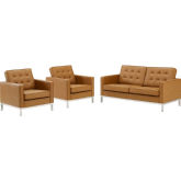 Loft 3 Piece Loveseat Set in Tufted Tan Leatherette & Stainless