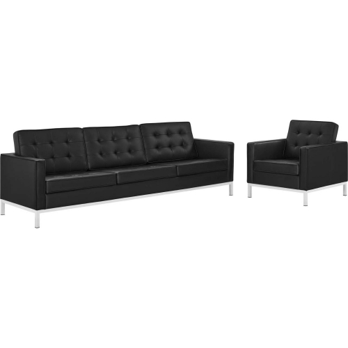 Loft Sofa & Arm Chair Set in Tufted Black Leatherette & Silver