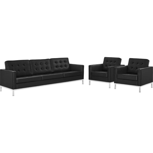 Loft 3 Piece Sofa Set in Tufted Black Leatherette & Silver