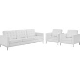 Loft 3 Piece Sofa Set in Tufted White Leatherette & Silver