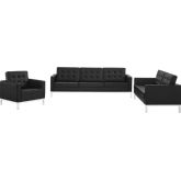 Loft 3 Piece Sofa Set in Tufted Black Leatherette & Silver