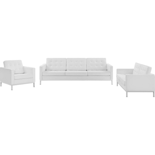 Loft 3 Piece Sofa Set in Tufted White Leatherette & Silver