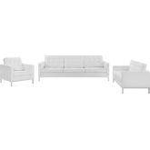 Loft 3 Piece Sofa Set in Tufted White Leatherette & Silver