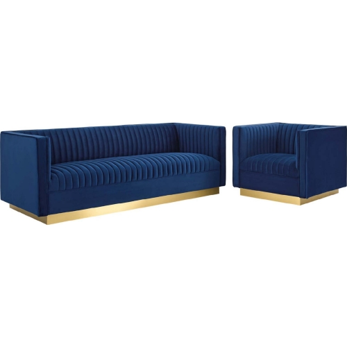 Sanguine Sofa & Arm Char Set in Channel Tufted Navy Blue Velvet