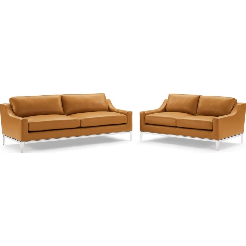 Harness Sofa & Loveseat Set in Tan Leather & Stainless Steel