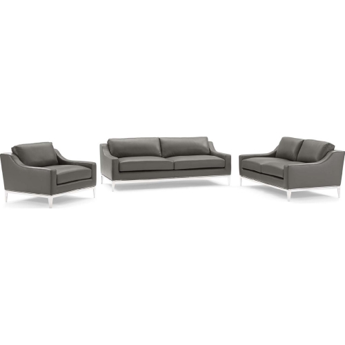 Harness 3 Piece Sofa Set in Gray Leather & Stainless Steel