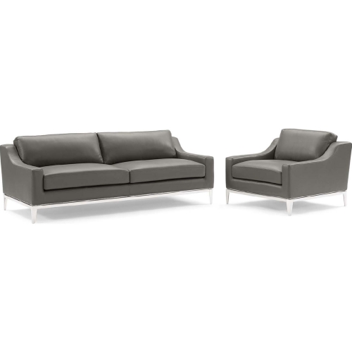 Harness Sofa & Arm Chair Set in Gray Leather & Stainless Steel