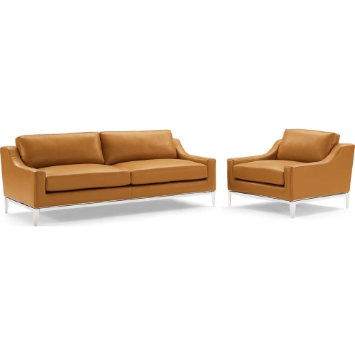 Harness Sofa & Arm Chair Set in Tan Leather & Stainless Steel