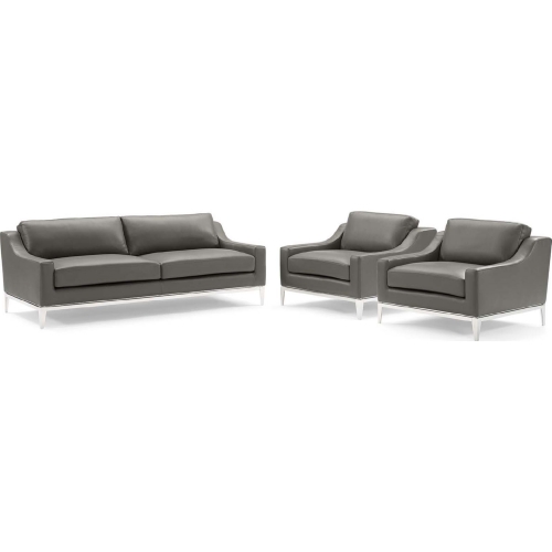 Harness 3 Piece Sofa Set in Gray Leather & Stainless Steel