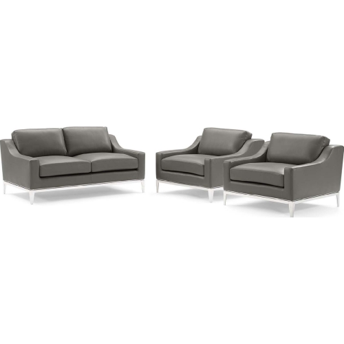 Harness 3 Piece Sofa Set in Gray Leather & Stainless Steel