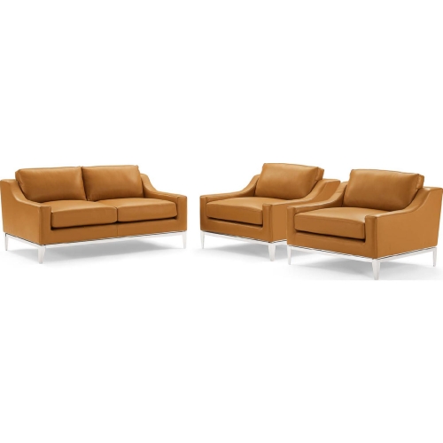 Harness 3 Piece Sofa Set in Tan Leather & Stainless Steel