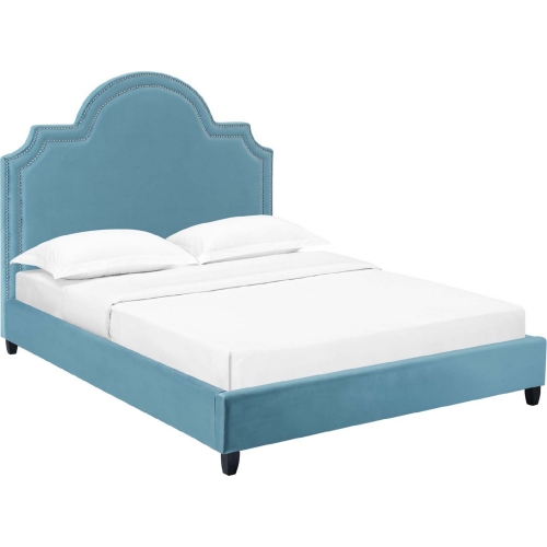 Primrose Queen Platform Bed in Sea Blue Performance Velvet