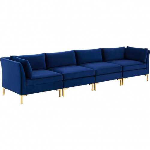 Ardent 4 Piece Modular Sectional Sofa in Navy Blue Velvet & Gold