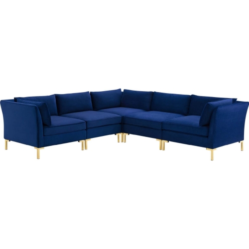 Ardent 5 Piece Modular Sectional Sofa in Navy Blue Velvet & Gold