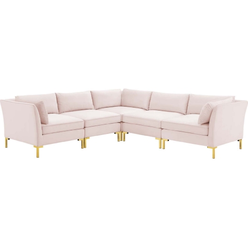 Ardent 5 Piece Modular Sectional Sofa in Pink Velvet & Gold