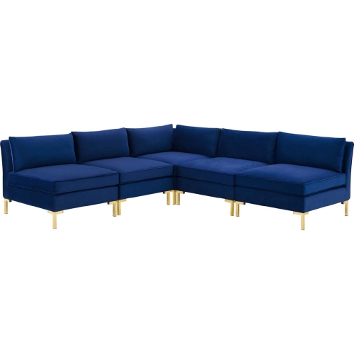 Ardent 5 Piece Modular Sectional Sofa in Navy Blue Velvet & Gold