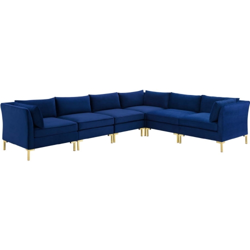 Ardent 6 Piece Modular Sectional Sofa in Navy Blue Velvet & Gold