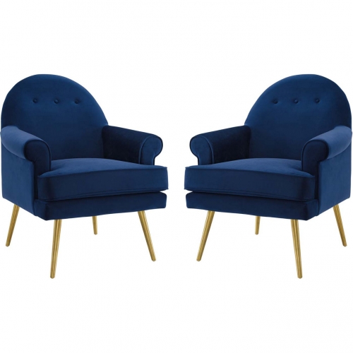 Revive Arm Chair in Navy Blue Fabric on Gold Iron Legs (Set of 2)