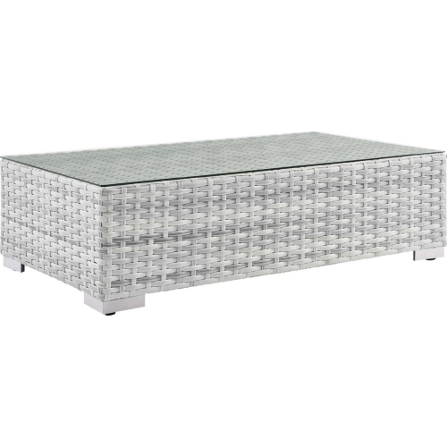 Convene Outdoor Coffee Table in Tempered Glass & Gray Poly Rattan