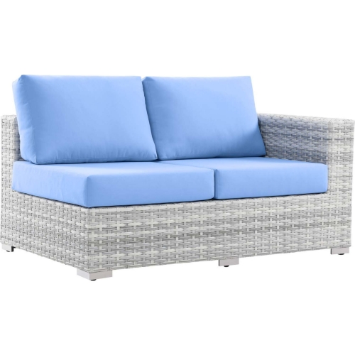 Convene Outdoor Right Arm Loveseat Sectional Unit in Light Blue Fabric & Gray Poly Rattan