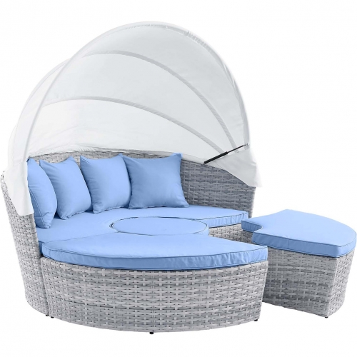 Scottsdale Canopy Outdoor Daybed in Light Gray & Light Blue Fabric