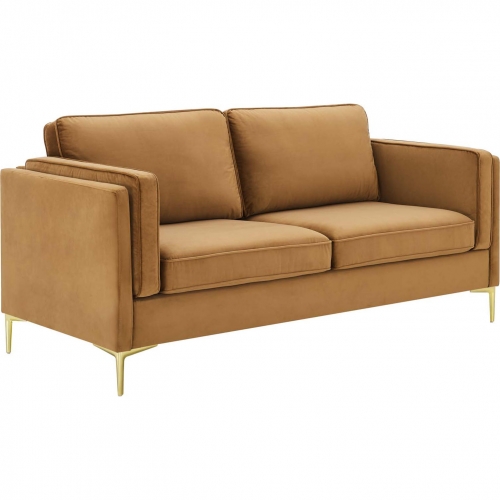 Kaiya Sofa in Cognac Performance Velvet & Gold Metal Legs