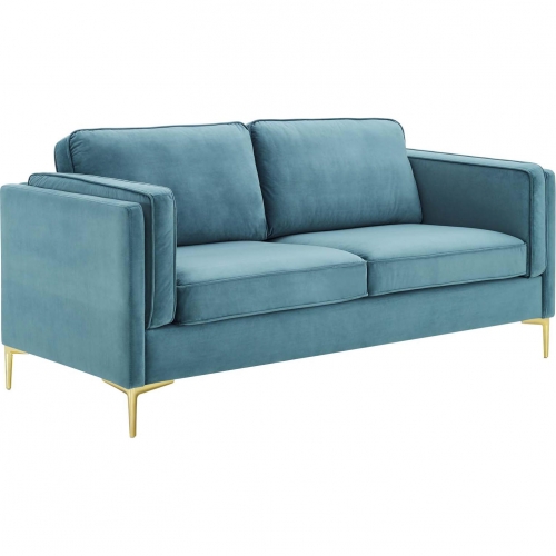 Kaiya Sofa in Sea Blue Performance Velvet & Gold Metal Legs