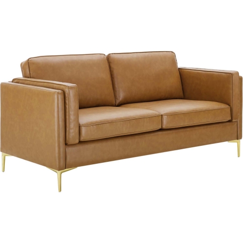 Kaiya Sofa in Tan Vegan Leather & Gold Metal Legs