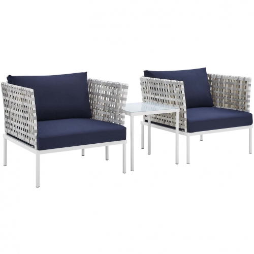 Harmony Outdoor 3 Piece Accent Chair Set in Taupe Weave & Navy Blue Sunbrella